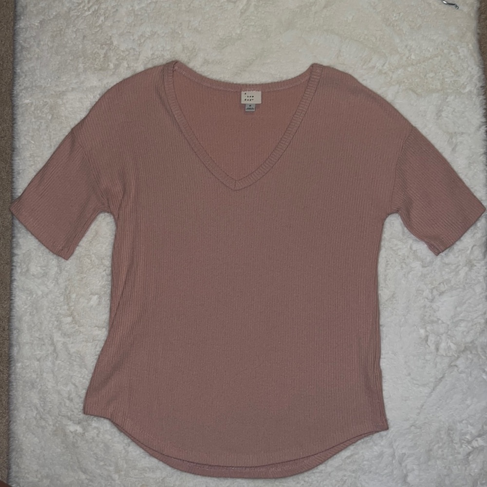 Baby Pink Ribbed Short Sleeved Sweater